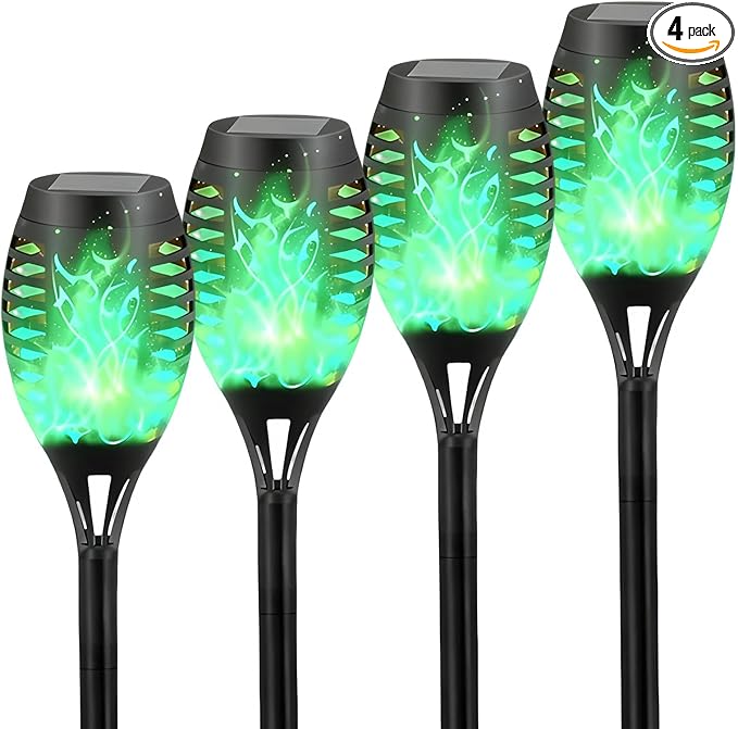 Solar Torch Light with Flickering Flame4Pack Solar Lights OutdoorWaterproof Solar Powered Yard Garden LightsSolar Flame LightTorches Lighting for Outside Patio Lawn Path Decorations (Green)