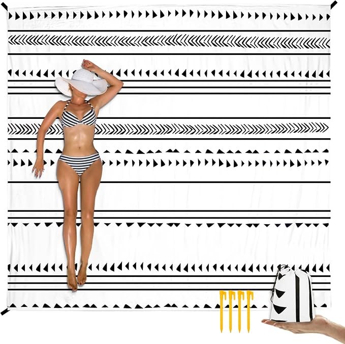 BEW Large Beach Blanket for 1-4 Adults 78in×86in Waterproof Sandproof Blankets with 4 Stakes &amp Corner Pockets Polyester Lightweight Foldable Outdoor Picnic Mat Camping Hiking White-black Lines