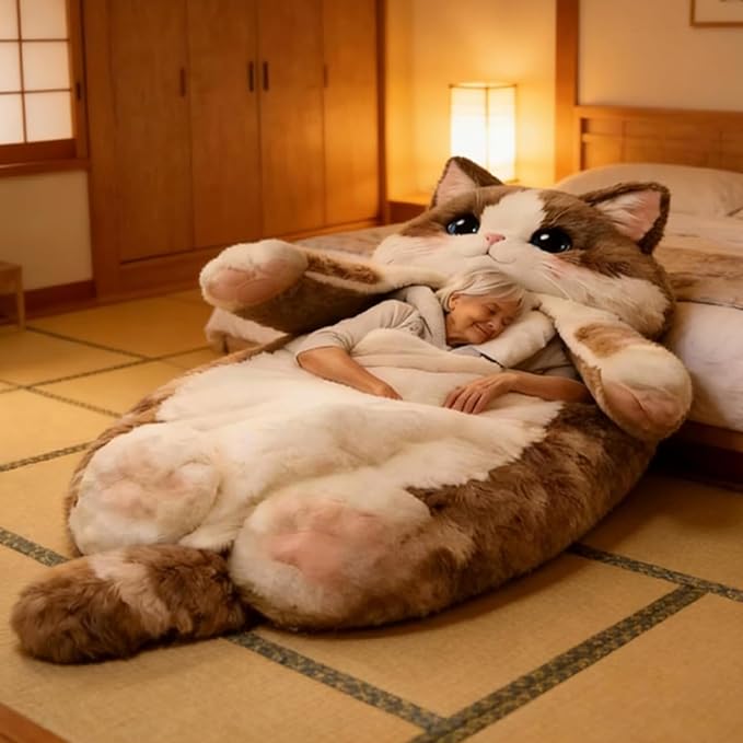 Fluffy Cat Sleeping Bag for Adults Cat Shaped Cozy Animal Sleeping Bag Cushion for Indoor Relaxing Camping &amp Lounge Use