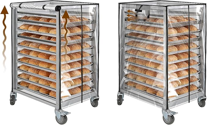 Speed Bun Pan Sheet Rack Cover with ZipperFit 10 Tier Commercial Bread Speed Rack Cover for Bakery Racks23x28x32 Clear PVC Waterproof &amp Dust proof Cover with Breathable Mesh Vent