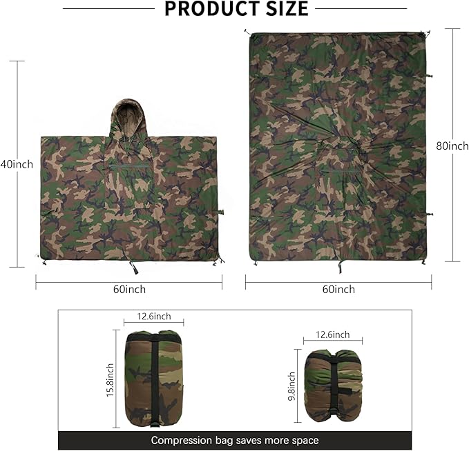 LOOGU Camo Blanket Waterproof Insulation Poncho Liner for Outdoor Camping Hiking Hunting Survival Backpacking Picnicking