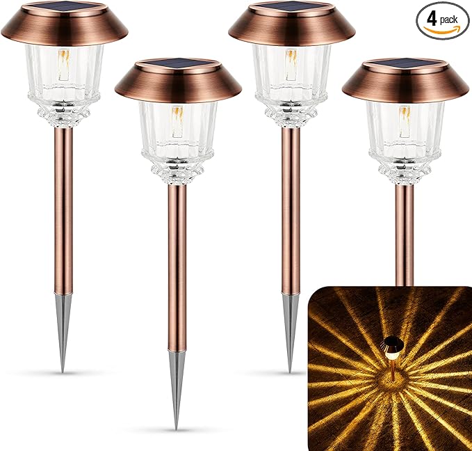 XMCOSY+ Solar Lights Outdoor Waterproof 4 Pack Solar Lights for Outside 10-40 LM Dimmable LED Glass Outdoor Solar Lights for Yard Pathway Garden Lawn Driveway Walkway (Warm White)