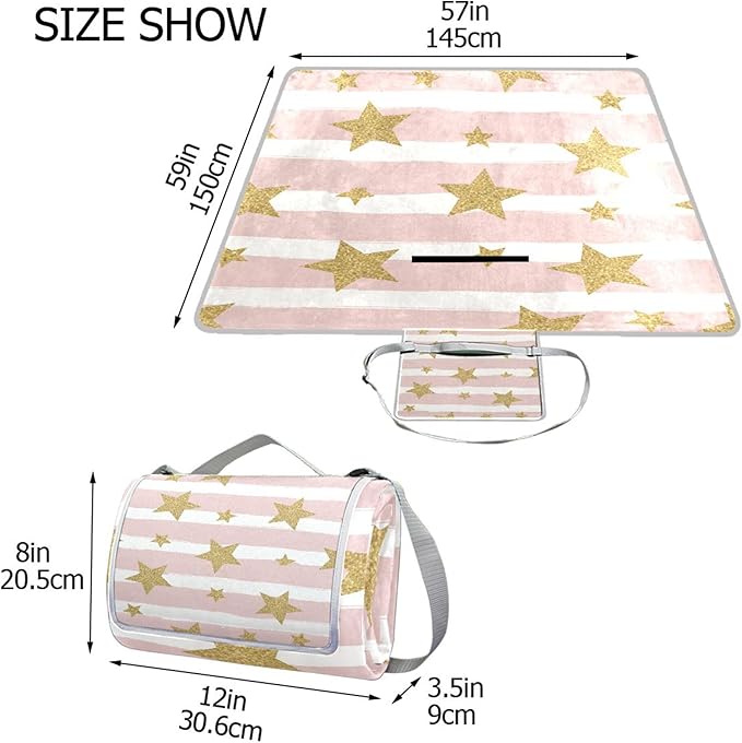 MNSRUU Picnic Blanket Waterproof Foldable Gold Glittering Stars Large Outdoor Picnic Beach Camping Blanket Travel Mat Shoulder Strap Tote Rectangle 57x59in