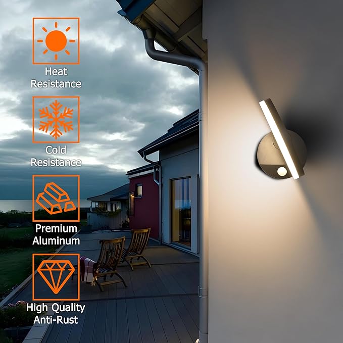 Motion Sensor Outdoor Wall Light 18W 1980LM Black Round LED Porch Lights IP65 Waterproof Wall Sconce Lighting 350°Rotating 180° Foldable Exterior Patio Wall Light Fixture for House