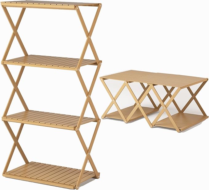 4-Tier Shelf - Transforms into a Camping Table Portable Beechwood Storage Rack for Indoor Outdoor Camping &amp Multi-Purpose Use