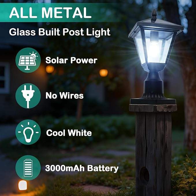 Solar Post Lamp Lights Metal and Glass Built Dusk to Dawn Solar Post Lights with Pier Mount Base 6000K Outside Lights Outdoor Waterproof for Garden Yard Pole Pillar(Cool White)
