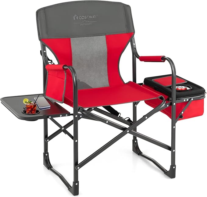 COSTWAY Folding Camping Chair Heavy-Duty Director Chair Supports 400lbs for Adults with Side Table Cooler Bag Storage Strap Portable Makeup Chair Suitable for Fishing Picnic