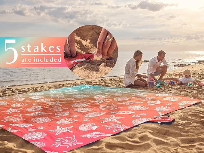 WEKAPO Beach Blanket Waterproof Sandproof &amp Sand-Free Beach Mat with Stakes &amp Built-in Storage Bag – Oversized Extra Large Perfect for Outdoor (Coral Sea Shells 8 X 7 FT (1~4 Person))