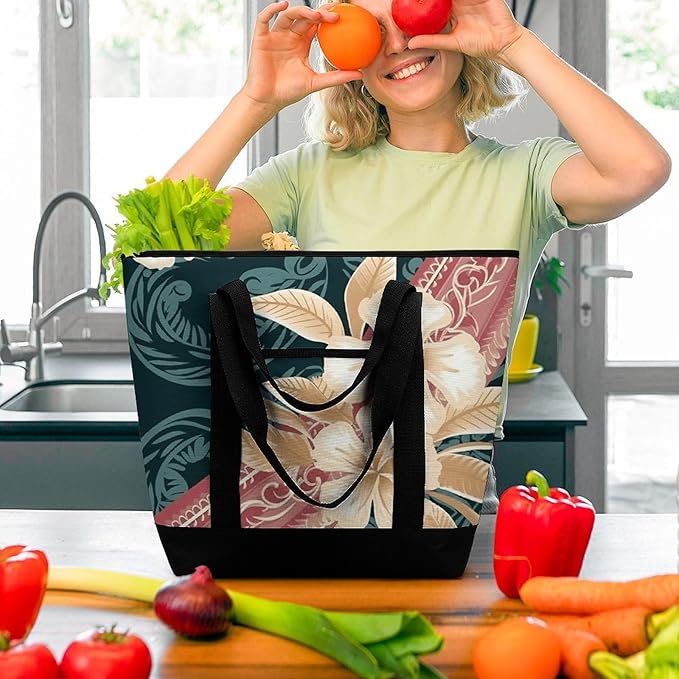 Insulated Shopping BagLarge Reusable Cooler Bags Elegant Hawaiian Pattern Printed Foldable Shopping BagTravel Waterproof Shoulder Bag
