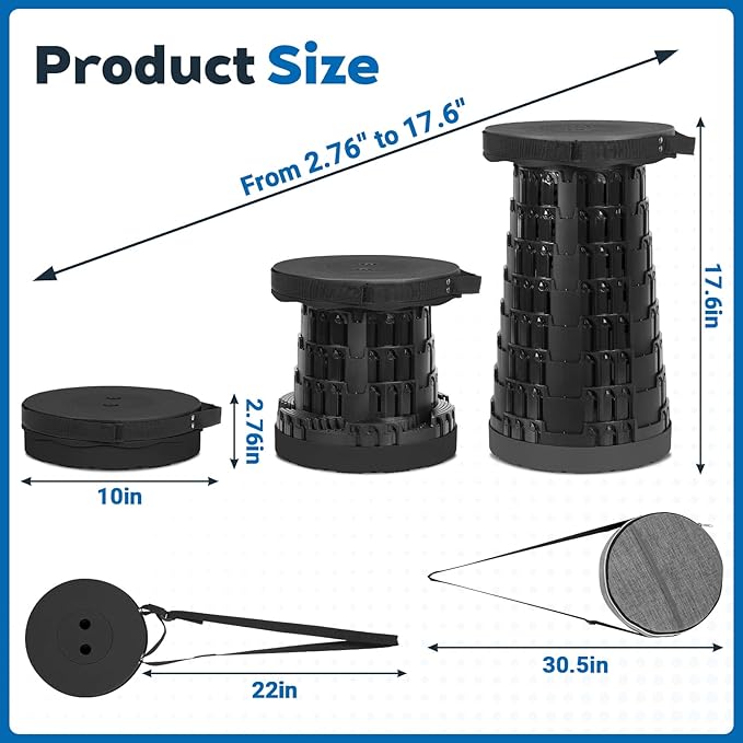 Upgraded Collapsible Stool with Load Capacity 600lbs Stable Folding Stool with Triple Slide Portable Camping Chair 3-in-1 Carry Bag Retractable Telescoping Seat for Travel Hiking(Black)