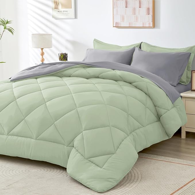 HEVUMYI Twin-XL Comforter Set - 5-Piece All Season Bed in a Bag Twin-XL Ultra Soft Bedding Set with Comforter Flat Sheet Fitted Sheet Pillowcases Pillow Shams Sage Green &amp Light Grey