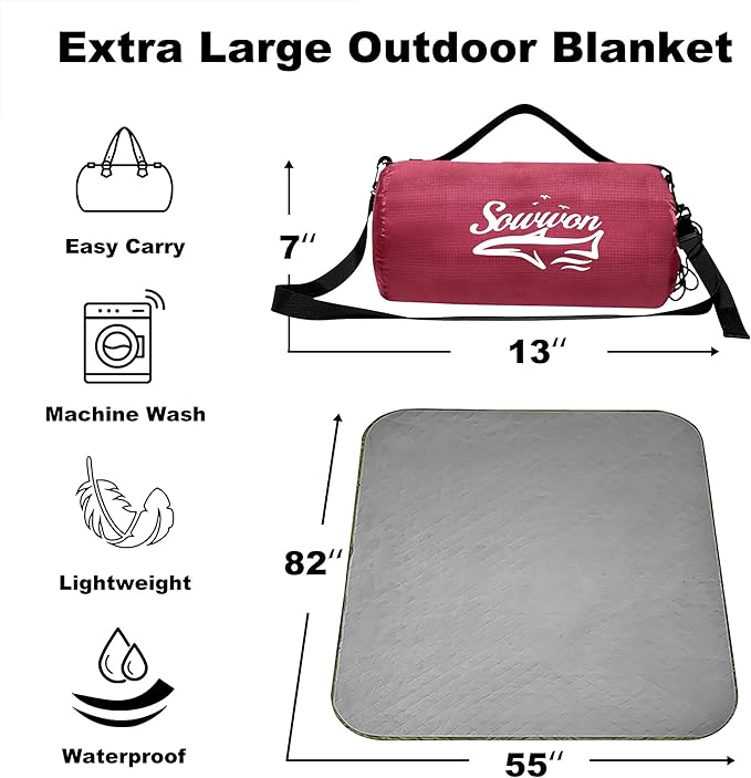 Waterproof Outdoor Blanket 82”X 55” Packable Stadium Blankets for Camping with Quilted Fleece Lining Large Windproof Emergency Throw Mat for Garss Picnic Hiking Road Trip Machine Washable Wine