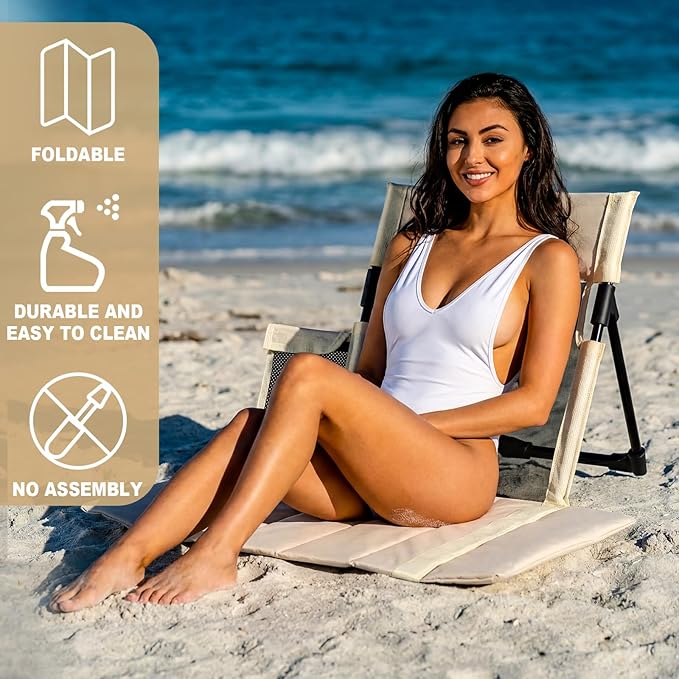 Novabright 2 Pcs Large Foldable Pool Chair Portable Poolside Breathable Seat with Cup Holder Beige Folding Flip Chairs for Edge of Pool Beach Poolside Camping Picnic Accessories