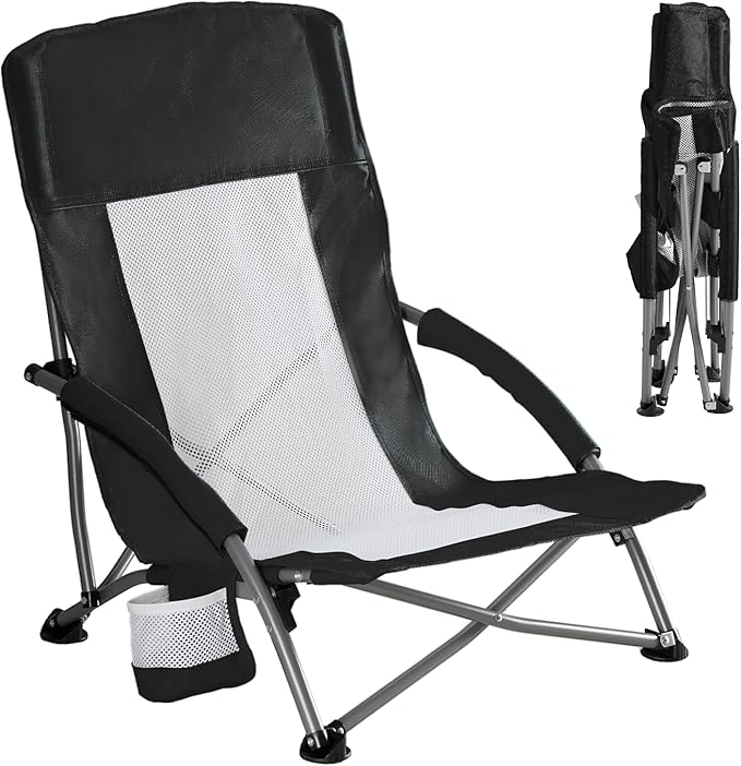 DUMOS Low Beach Chair for Adults Lightweight Folding Beach Chair with Cup Holder Storage Bag Breeze Mesh Back Padded Armrests Compact Low Profile Chair for Camp Picnic Lawn Sand