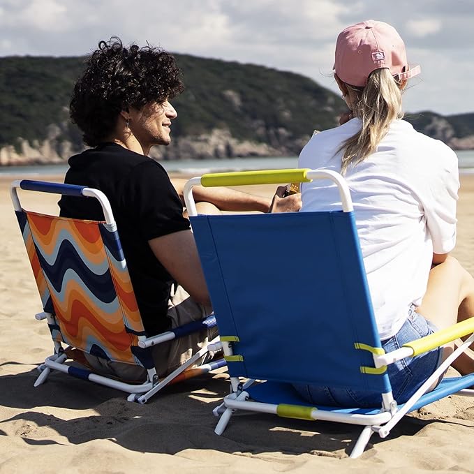 SunnyFeel Low Folding Beach Chair for Adults Lightweight Beach Chair Portable Camping Sand Chairs with Hard Armrest Supports 300lbs for Beach Lawn Concert