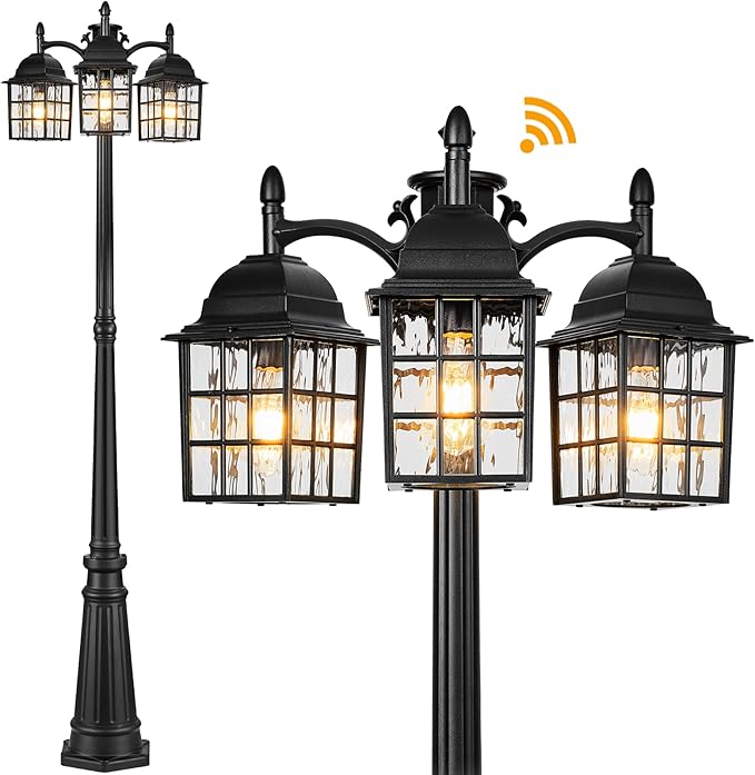 VIANIS Dusk to Dawn 3-Head Lamp Posts Outdoor Lighting Modern Black Outdoor Post Lights Hard Wired Anti-Rust Waterproof Outside Lamppost Light Fixture for Garden Backyard with Water Ripple Glass