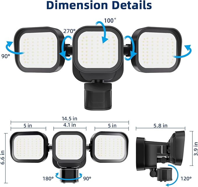 LED Motion Sensor Outdoor Lights 6500LM 270° 72FT Detected Range Dusk to Dawn 5000K IP65 Waterproof Flood Lights Outdoor 3 Head Motion Detector Security Light for GarageYard