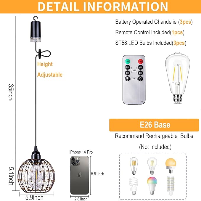 Hanging Pendant Lights Battery Operated Outdoor Chandelier with Warm White LED Bulb for Patio Tree Pergola Gazebo Porch (Beaded Ball-ST58-3PK)