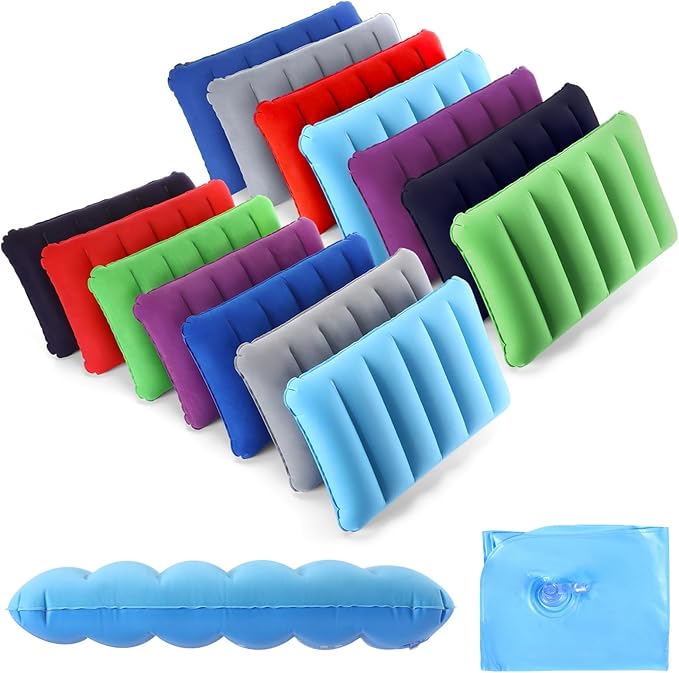 Geelin 14 Pieces Inflatable Camping Pillow 18.5 x 11.8 Inches Portable Compact Flocked Fabric Air Pillow for Travel Hiking Home Office Sleeping Neck Head Lumbar Support Multicolor