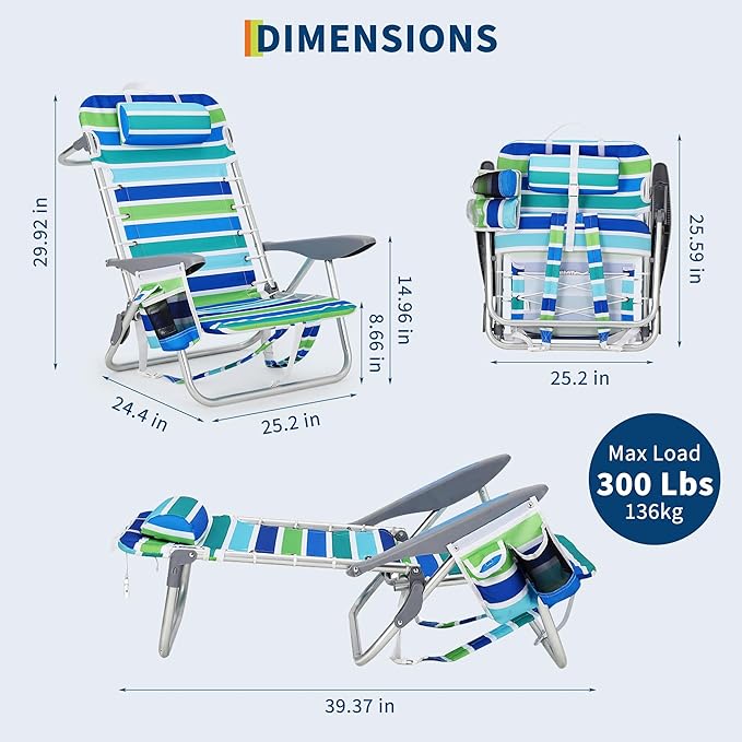 GarveeLife Backpack Beach Chair for Adults Lightweight Portable Lay Flat Folding Beach Chair with 5 Reclining Positions Backpack Straps Phone Pocket Cup Holder &amp Towel Bar