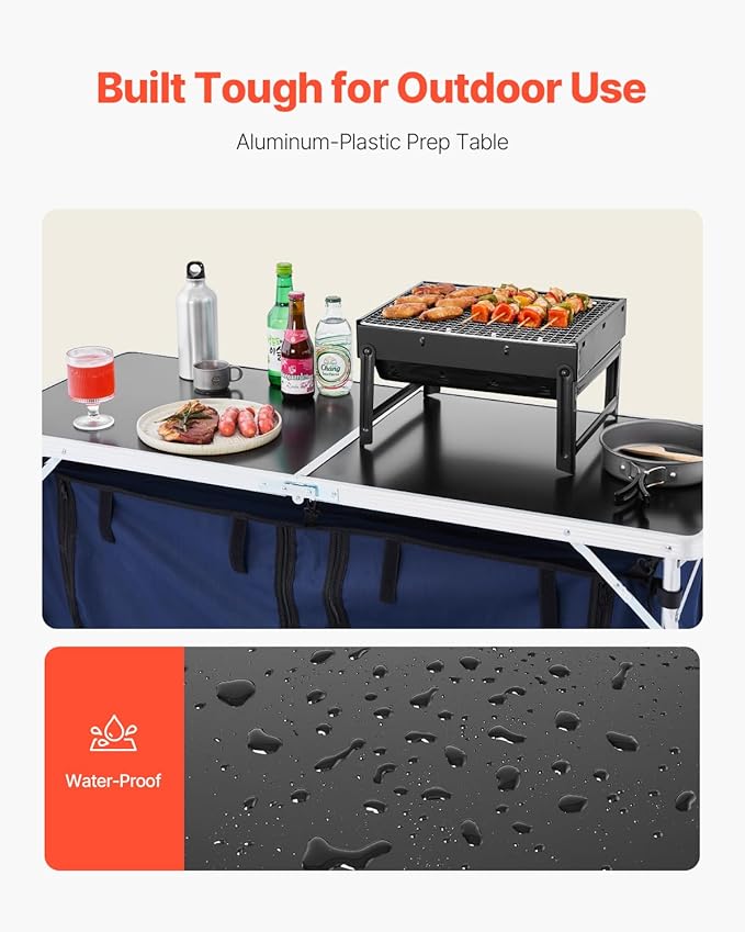 VEVOR Camping Kitchen Table Folding Outdoor Cooking Table 3 Adjustable Height Aluminum Lightweight Portable Cook Station with Storage Organizer Carry Handle for BBQ Party Picnic RV Travel Blue