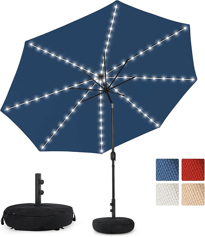 Sundale Outdoor Olefin 5-Year-Non-Fading Solar 80 LED 9 FT Solar Patio Umbrella with Sand Bag Base Outdoor Umbrella with Tilt and Crank Navy