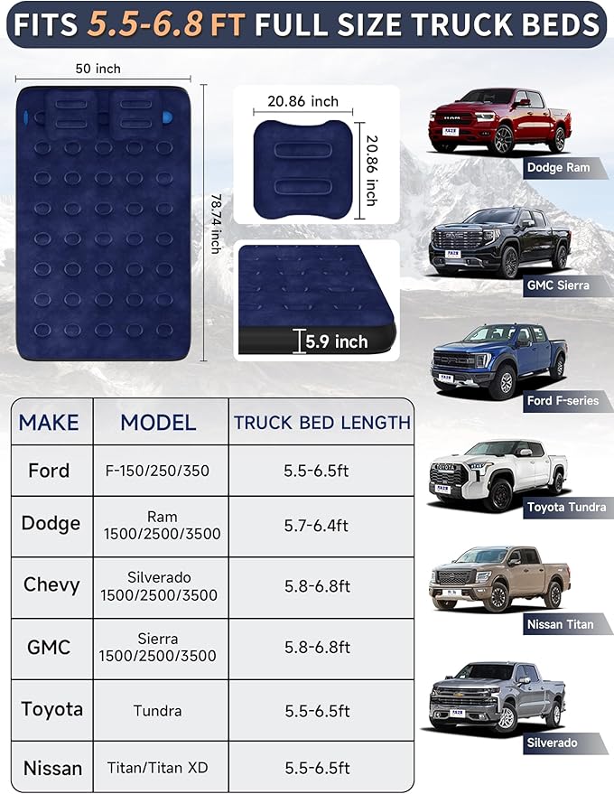Truck Bed Air Mattress for Ford F150/Chevy Silverado/Dogde Ram/GMC Sierra/Toyota Tundra/Nissan Titan Outdoor Travel Camping Universal Flocked Airbed Fits 5.5-6.8ft Full Size Pickup w/ Pump&ampCarry