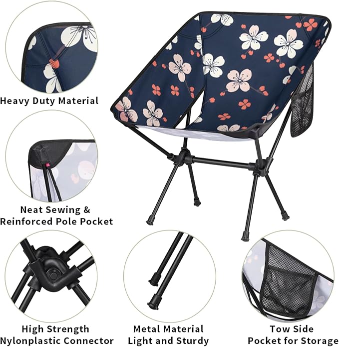 Honeybaby Folding Camping Chair Flowers Printed Camping Chairs Lightweight Portable Chair Outdoor Foldable Chairs for Camping Travel Picnic Beach Hiking