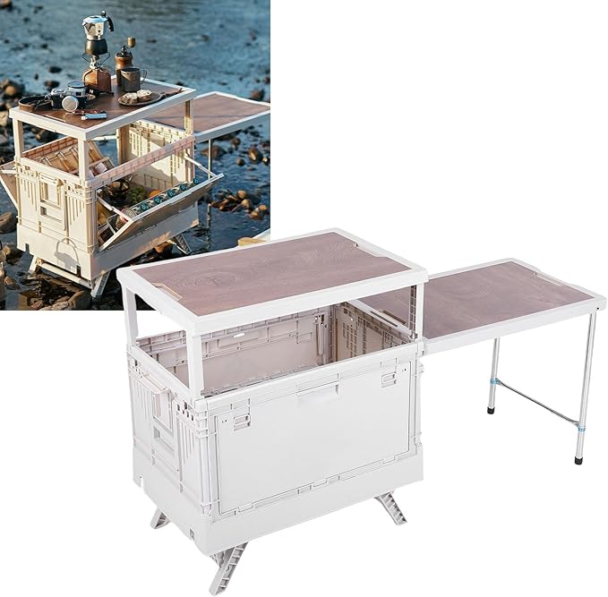 Folding Camping Storage Box with Table Board Multi Functional Collapsible Camp Kitchen Box Suitable for Outdoor Picnic Storage (White)