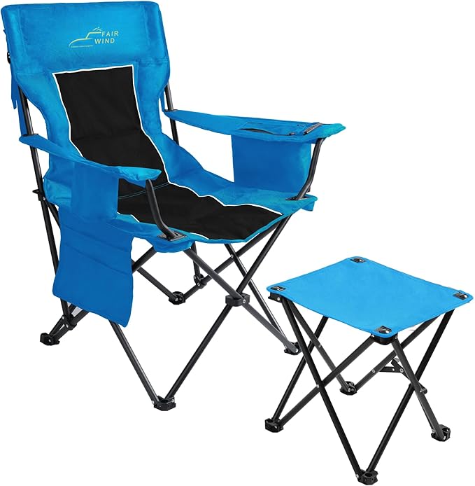 FAIR WIND Oversized Padded Camping Chair with Footrest Stool Heavy Duty Cooler Bag Chair for Fishing Tailgating Sports Games Backyard - Support 300 LBS Blue