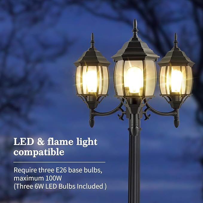 Dusk to Dawn Sensor Outdoor Lamp Post Light 3-Head Classic Black Light Pole with Clear Glass Panels (3 LED Bulbs Included Max.100W) Waterproof Outside Street Light for Backyard Garden Driveway