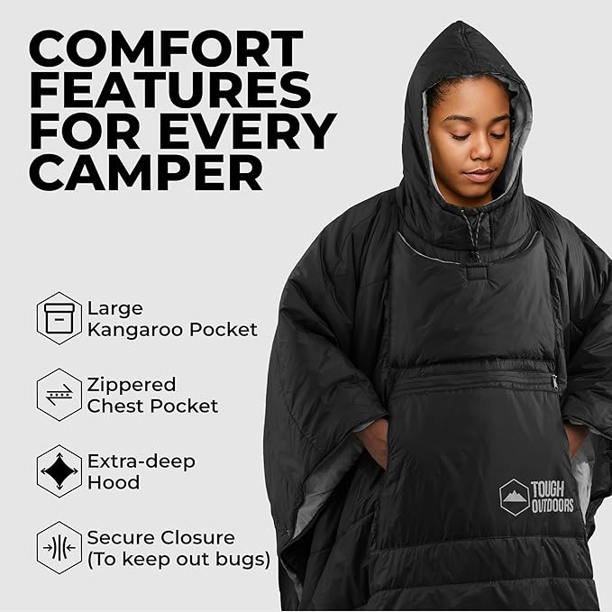 Tough Outdoors 5 in 1 Camping Poncho - Packable Blanket - Wearable Sleeping Bag Adult - Sleeping Bag Poncho - Waterproof