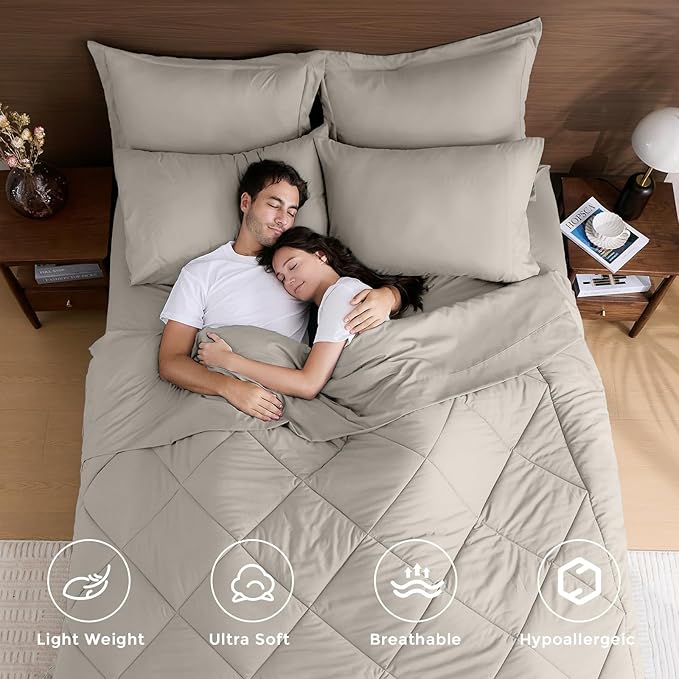HEVUMYI Oatmeal Twin Comforter Set - 5-Piece All Season Bed in a Bag Twin Ultra Soft Bedding Set with Comforter Flat Sheet Fitted Sheet Pillowcases Pillow Shams