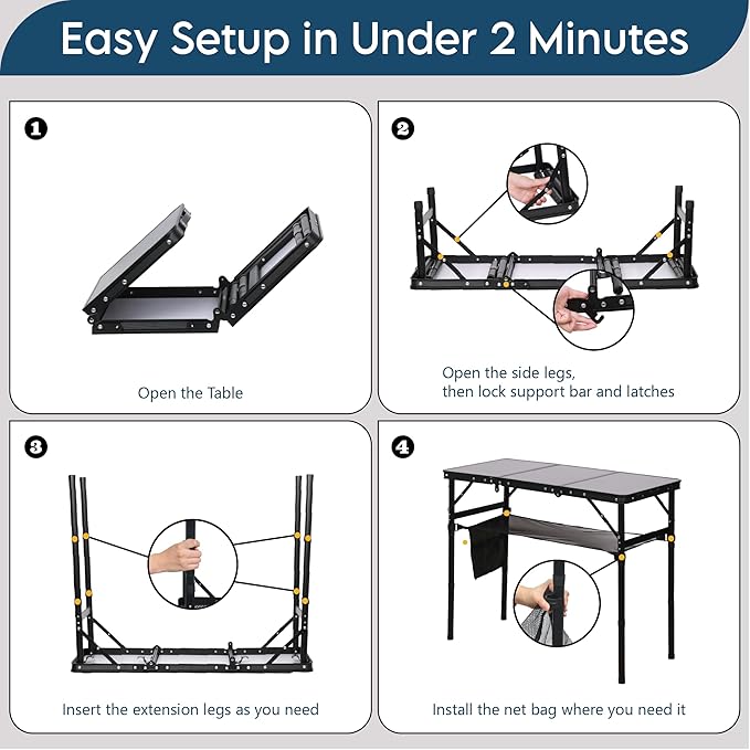 LOFTEY Folding Camping Table with 3 Adjustable Height 3ft Foldable Aluminum Camp Table Lightweight with Storage Bag Portable for Outdoor BBQ Hiking 34.2 x 15.7 x 27.5 Black
