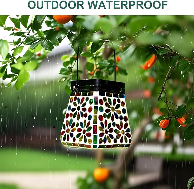 VOREEN Mosaic Glass Solar Lantern &amp Table Lamp 600mAh Solar Powered Outdoor Light Dual Modes Warm White &amp RGB Waterproof IP44 Garden Patio Yard Decor Handmade Gift for Women Mom Friends
