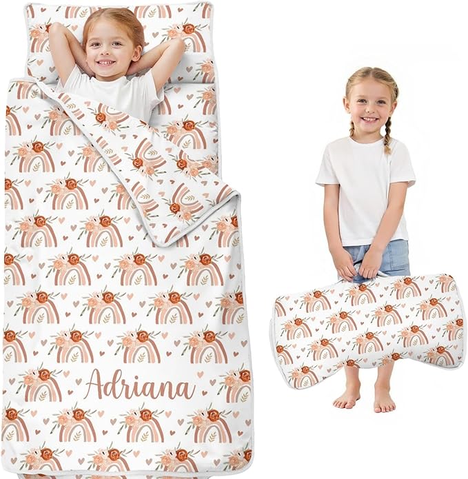 Personalized Boho Rainbow Toddler Nap Mat with Pillow and Blanket Custom Name Kids Sleeping Bag for Daycare Preschool Napping Mats for Girls Kids Slumber Bags Sleep Padded Easy Roll Up
