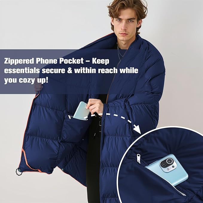 Down Camping Blanket - Lightweight Packable Warm Puffy Travel Quilt with Footbox 650 Fill Power Waterproof Outdoor Blankets for Hiking Travel Down Quilt Navy Blue 1lb 1oz / 77''*52''