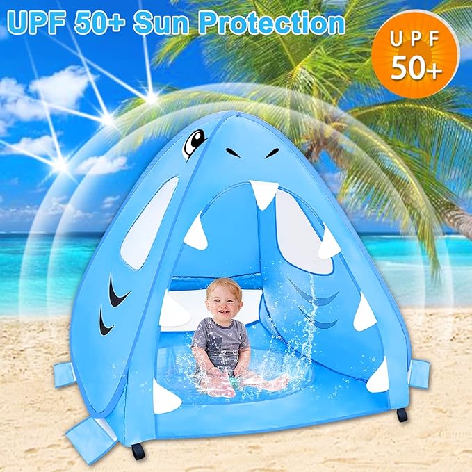 [ Extra High ] Shark Baby Beach Tent with Pool Pop Up Kiddie Pool Tents Baby Beach Essentials UPF 50+ UV Protection 4 Sand Pockets 3 Mesh Windows Sun Beach Shade Tent for Toddler Aged 3-60 Months