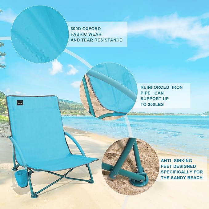 NORTHROAD Low Folding Beach ChairPortable Lightweight Lowback Sling Chair Outdoor Low Seat Camping Chair w/Cup Holder &amp Carry Bag for Sand Camping Lawn Picnic Festival Blue