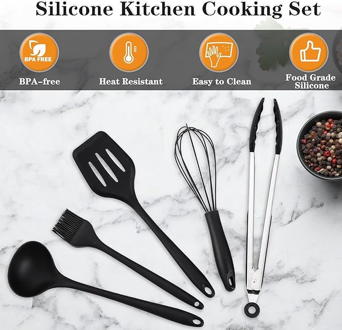 Camping Essentials Cookware Cooking Utensils Set - Portable Camp Kitchen Mess Kit Outdoor Accessories Stainless Steel &amp Silicone Camping Gear Equipment for RV Picnic Grill Black Pro