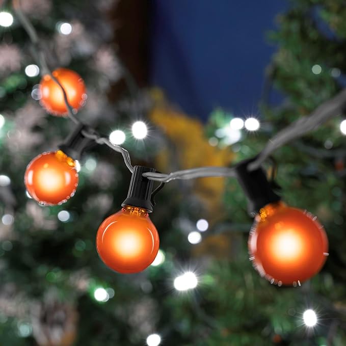 25 Foot G50 Outdoor Patio String Lights with 25 Orange Globe Bulbs – Indoor Outdoor String Lights – Market Bistro Café Hanging String Lights – C9/E17 Base - Black Wire
