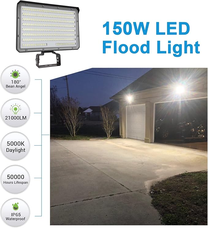 150W LED Outdoor LED Flood Light 21000LM 1500W Equivalent AC100-277V 5000K Daylight IP65 Waterproof Outdoor Sercurity Light for Landscape/Parking Lot