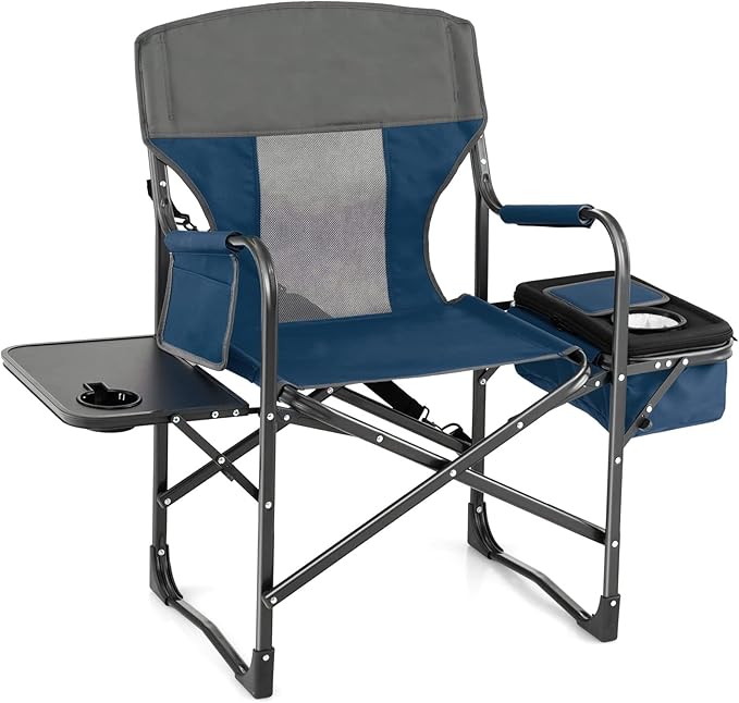 Tangkula Camping Chairs Folding Camp Chair with Side Table Cooler Bag Portable Outside Padded Lawn Chair for Travel Picnic Fishing Heavy Duty Oversized Director Chair for Adults Supports 400lbs
