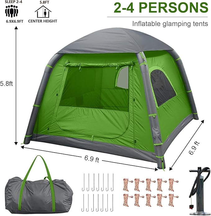 Inflatable Tents for Camping2/4 Person Easy Setup Blow Up Tents for 4 Seasons Waterproof InflatableTent for Camping Air Glamping Tents for Camping Adult