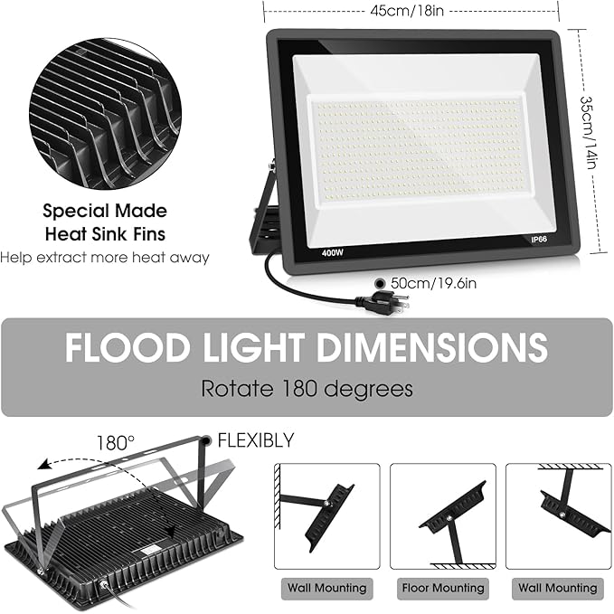400W LED Stadium Flood Light Outdoor2400W Equivalent 50500LM 5000K Daylight White Super Bright FloodLight with Plug85-277V IP66 Waterproof Commercial Lighting for Sports FieldsCountsArena