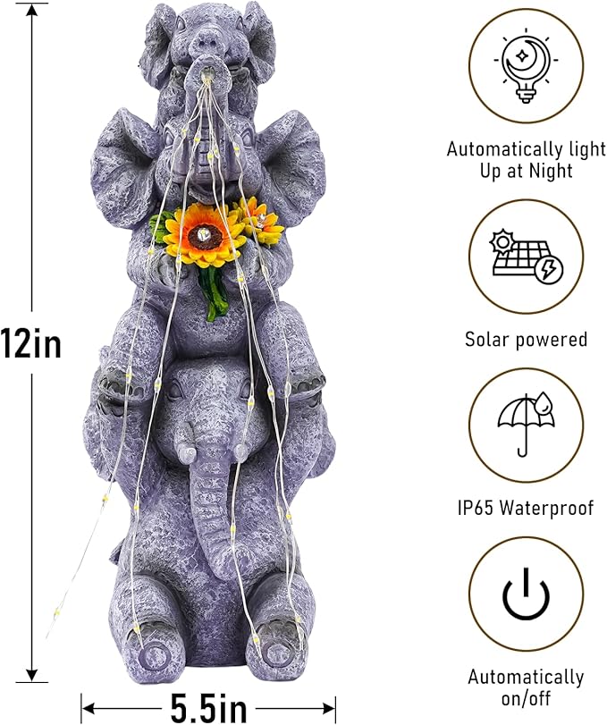 Solar Garden Decor Elephant Statue Outdoor Luck Triple Elephant Decorations for Yard Porch Lawn Patio - Ideal Gifts for Women Mom Grandma Senior Elder or Birthdays 12