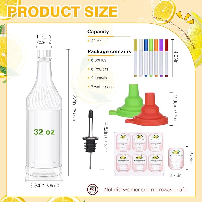 Dualshine 12 Pcs Plastic Long Neck Bottles 32 oz Syrup Bottles with Liquor Pour Spout and Caps Juice Pour with Stainless Steel Bottle Pourer for LiquorSyrupJuiceBars