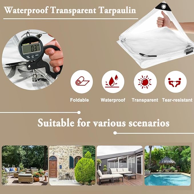 Clear Tarps 8x10ft Heavy Duty Waterproof PVC Patio Plastic Tarpaulin Cover with Grommets12 Mil Thickened Tear Resistant Outdoor Rainproof TarpsHole spacing 12'' for Covering Henhouse Plant