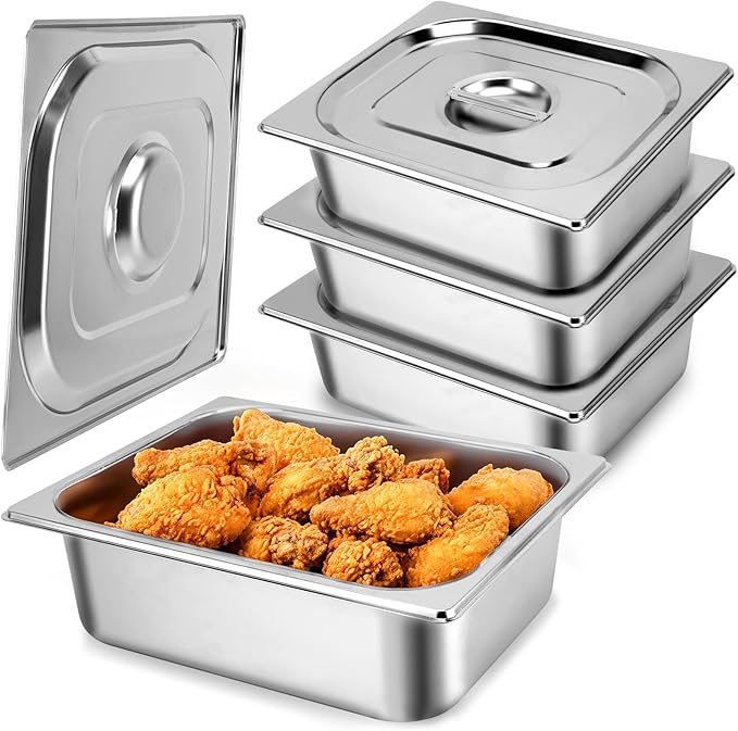 Hotel Pan Full Size Steam Table 4 Deep Stainless Steel With Lid 13 L x 10.4 W Anti-Jam Buffet Commercial (4 Pack)