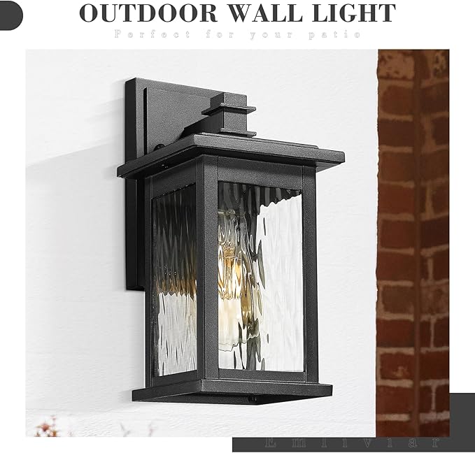 Emliviar 1 Pack Modern Outdoor Lighting Wall Mount Front Porch Light with Water Ripple Glass Shade Black Finish 1803EW1-WP BK